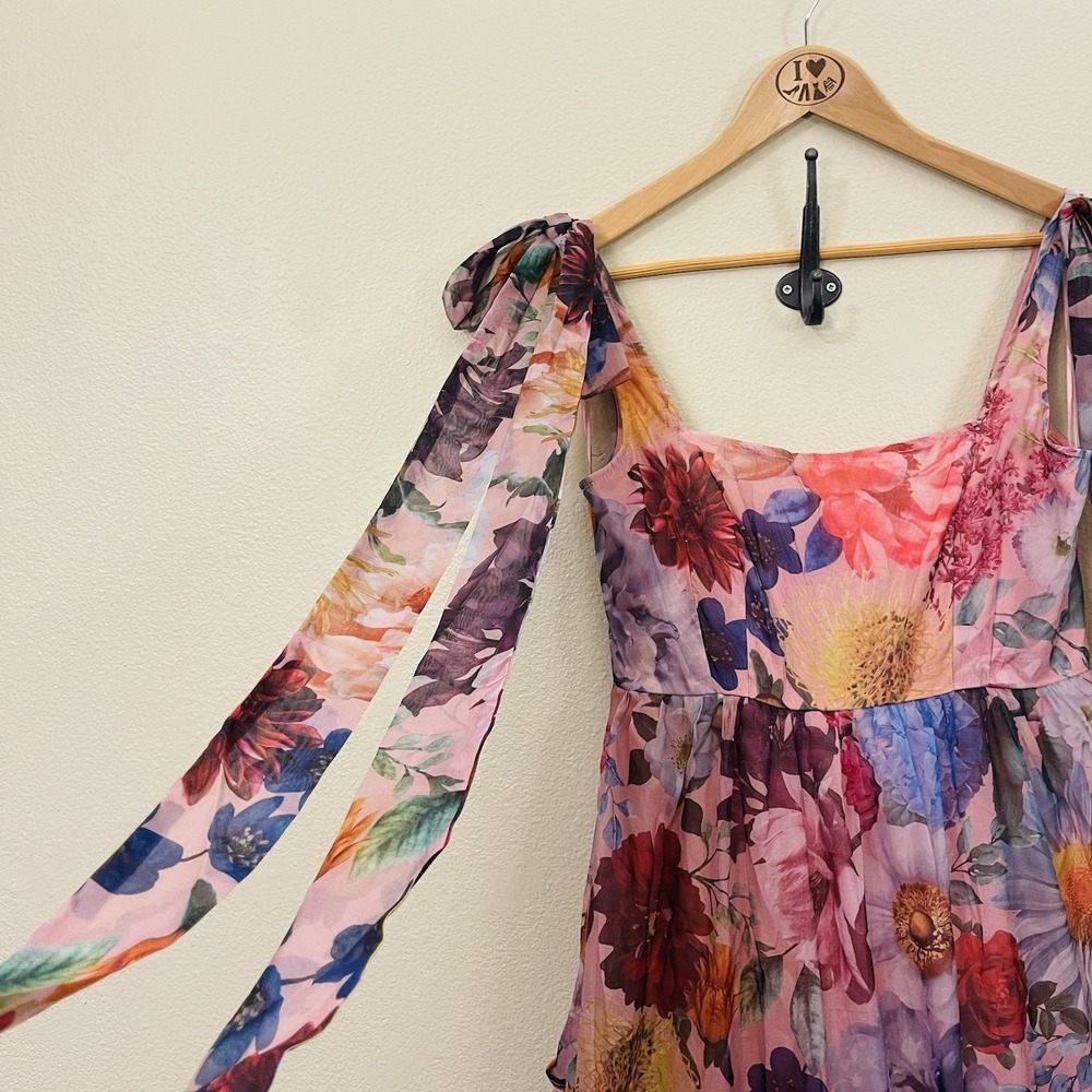 Francesca's Audrey Parks Alahna Floral Maxi Dress Pink Tie Strap Fairy Tutu Sz S - Picture 3 of 16